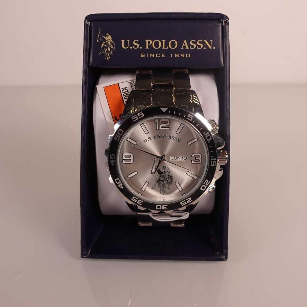 U.S. Polo Assn. Mens Analog Watch Silver Face Bracelet Band Black Bezel Date New
